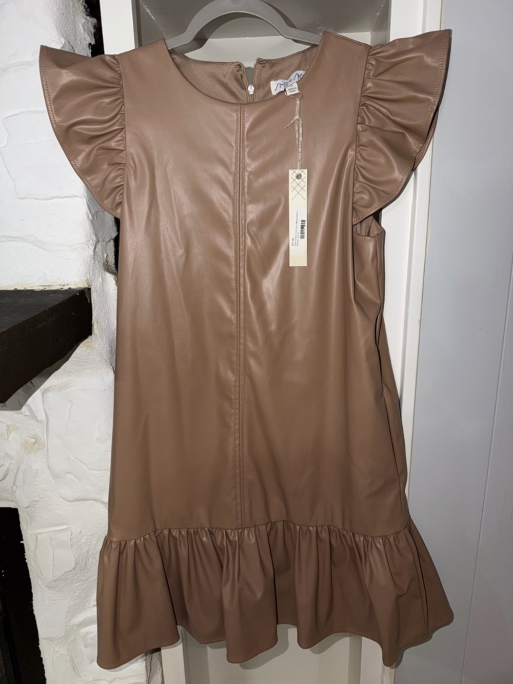 She + Sky Taupe Faux Leather Ruffle Hem Dress